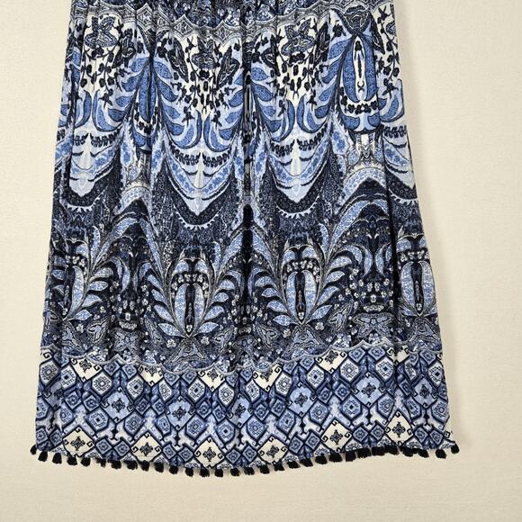 J. Jill Maxi Skirt Sz S Petite Blue White Print Elastic Waist Tassels Hem Boho - Picture 3 of 13